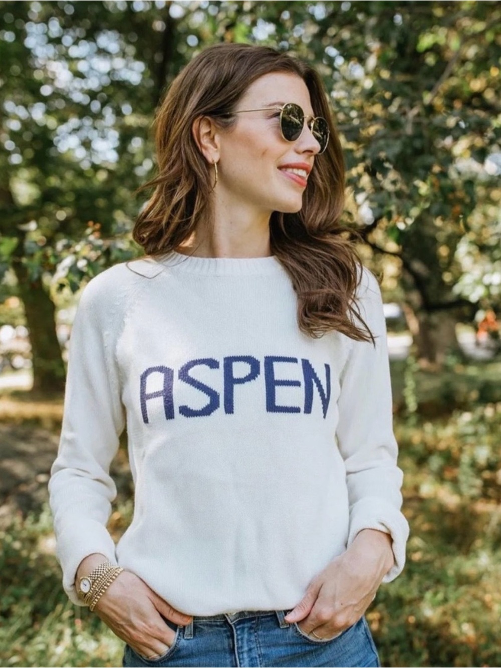 Ellsworth+Ivey Aspen Crewneck Sweater, Cream with Navy Logo, Size Small